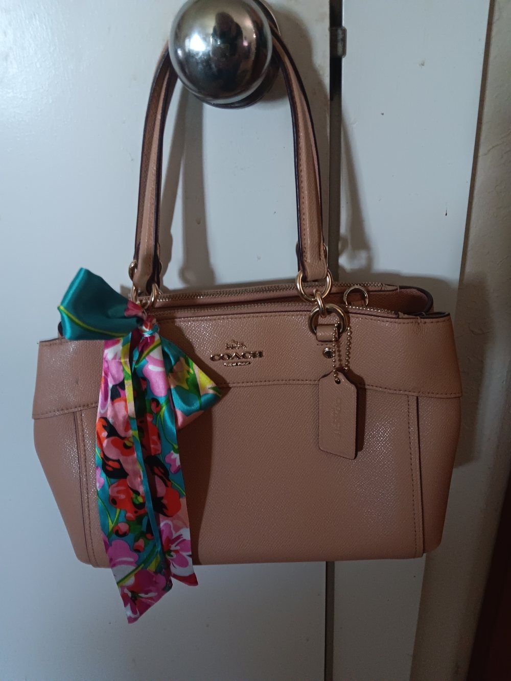Coach Blush Pink Leather Shoulder Tote with Floral Scarf Accent